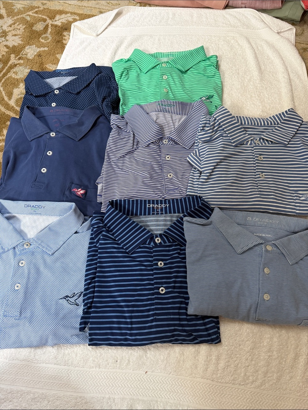 Lot of 8 Draddy Golf Shirts.  - XL Blue & Green Striped and Solid Styles